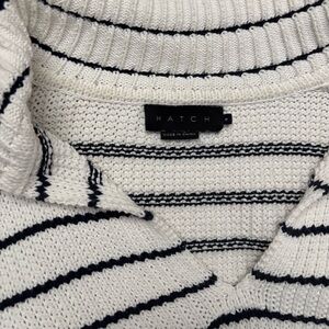 Hatch Women's V-Neck Sweater in Cream and Navy Stripes